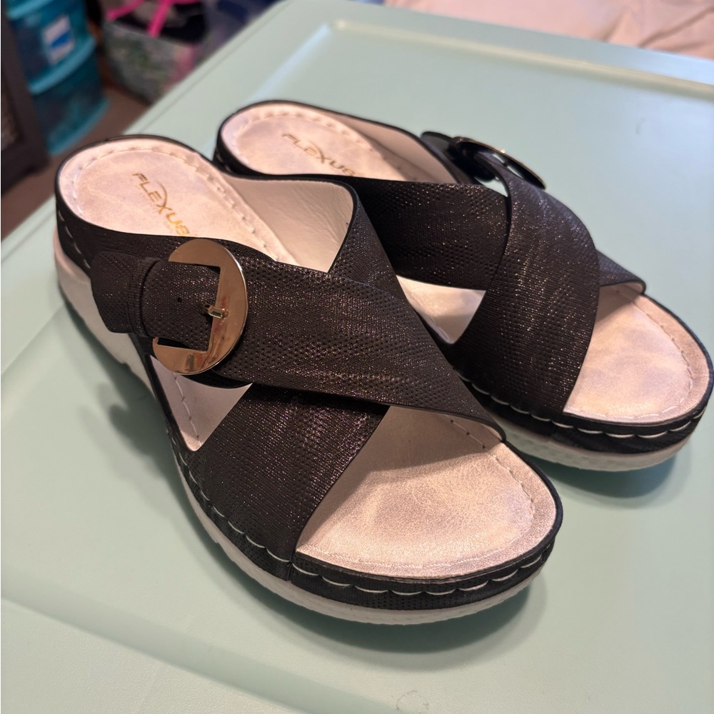 Black Women's Sandals with Gold Buckle